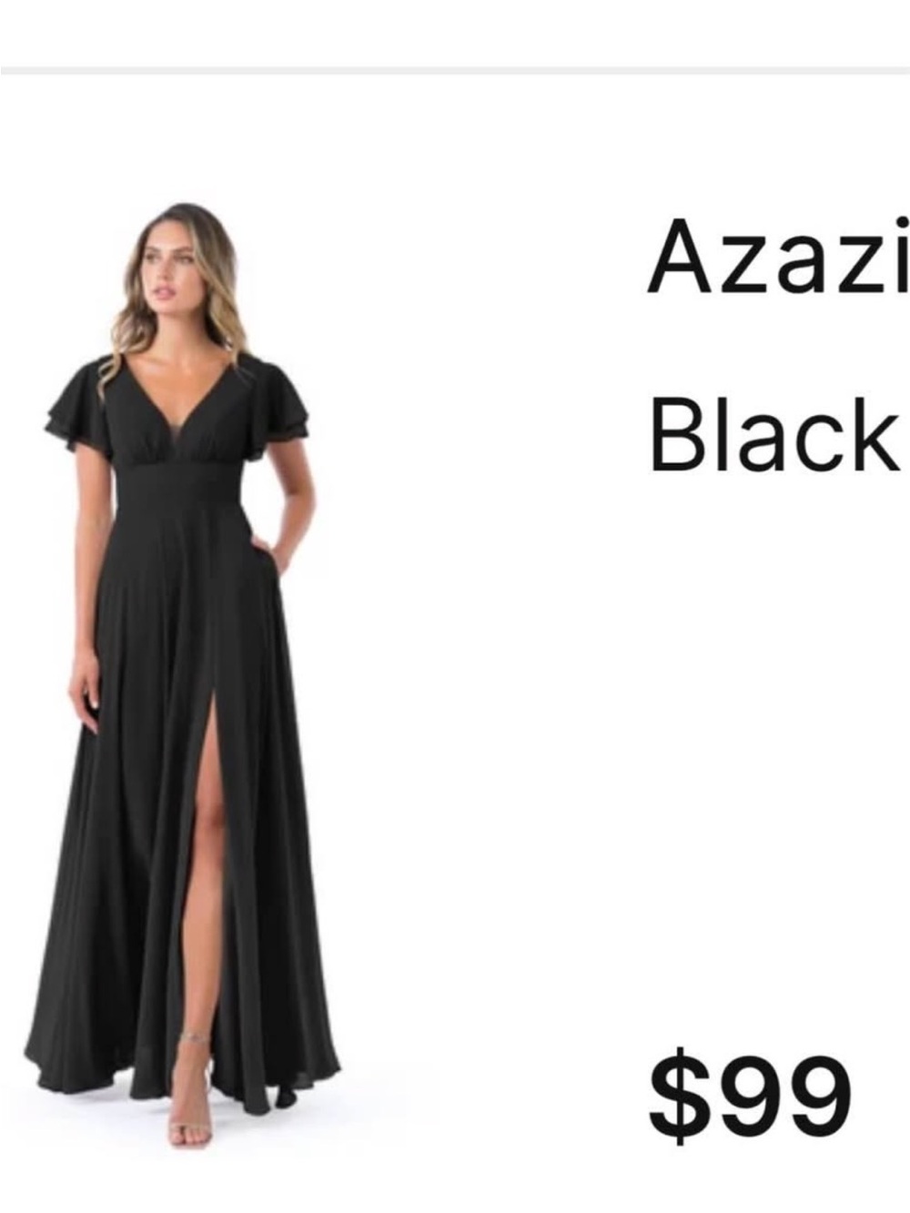 Azazie Black V-Neck Flutter Sleeve Maxi Gown with High Slit